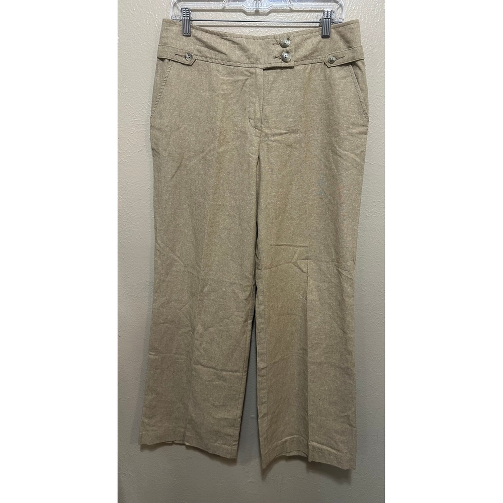 Womens Linen Blend Trousers Wide Leg Cropped Beige Button Accent‎ Pants Size 8